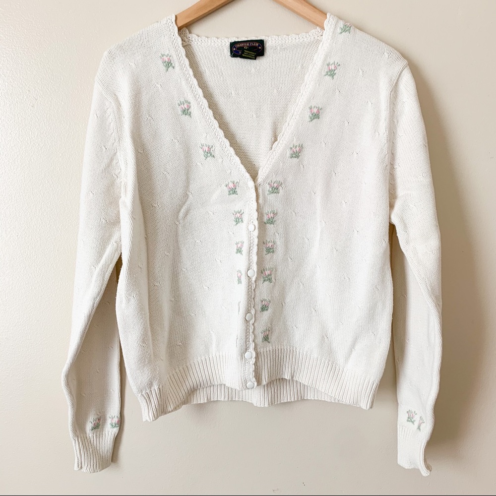 Vintage Floral Embroidered Ivory Cardigan Medium